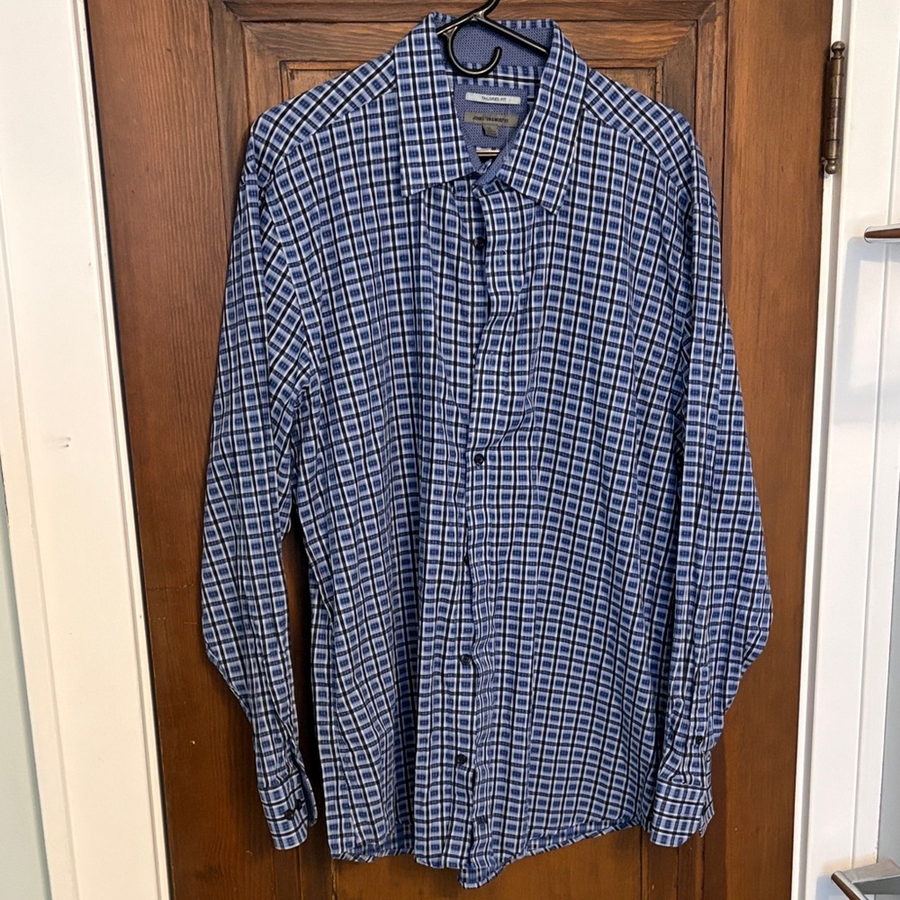 Johnston & Murphy Blue and Black Plaid Casual Button Down Shirt
